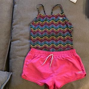 EUC Girls 2pc set One Piece Swimsuit & Shorts